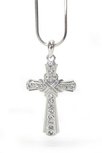 Silver Crystal Stud Cross Pendant Necklace - Picture 2 of 2