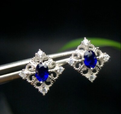 Oval Cut Simulated Sapphire Pretty Square Stud Earrings In 14K White Gold Plated
