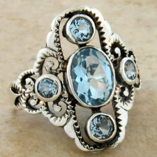 GENUINE BLUE TOPAZ VICTORIAN STYLE 925 STERLING SILVER CLASSIC DESIGN RING  389X