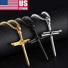 Nail Cross Pendant Necklace Chain Stainless Steel Christ Mens Silver Black Gold