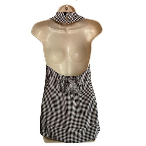 BCBGMaxzazira White & Black Checkered Plaid Silk Halter Rockabilly Top Size S - Picture 4 of 12