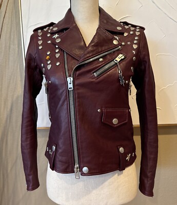 RARE COACH REXY BURGUNDY STUDDED MOTO LEATHER JACKET MSRP $1450