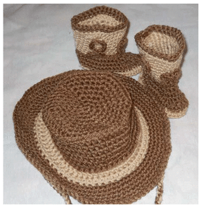 HANDMADE CROCHET COWBOY COWGIRL HAT BOOTIES SET TAN /& BROWN BABY TODDLER