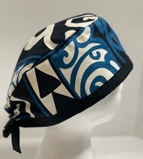 Reversible Blue Black Tribal Hawaiian Print Nurses Scrub Cap