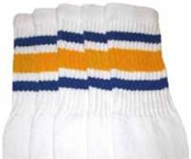 22” KNEE HIGH WHITE tube socks with ROYAL BLUE/GOLD stripes style 3 (22
