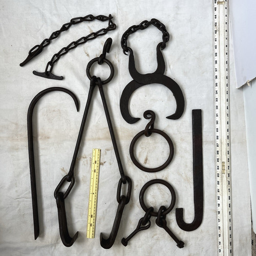 7 Antq Iron Tools Log Dog Picker Pincher Hook Barn Farm Canal RR Hand Forged Vtg