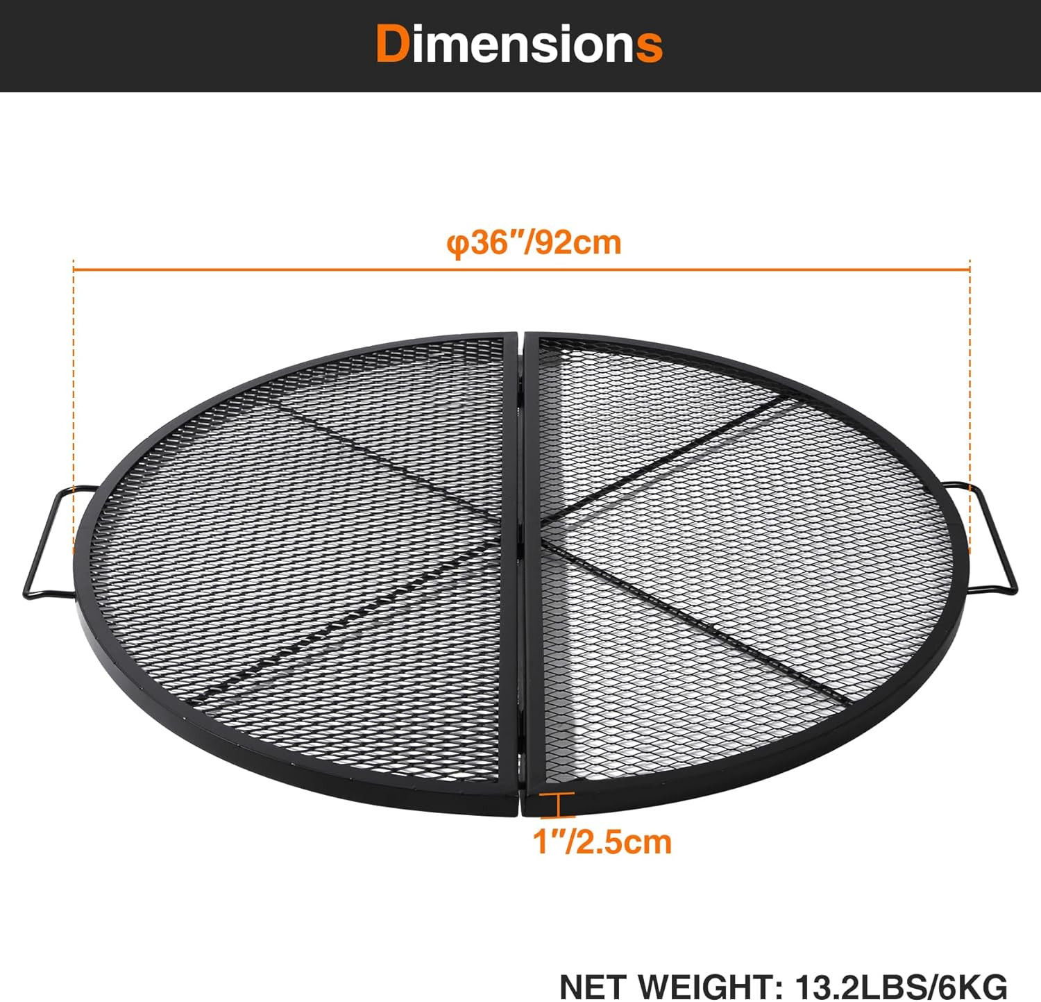 36" Dia. Folding Fire Pit Grill grate w/ Handle for outdoor Campfire BBQ Grill