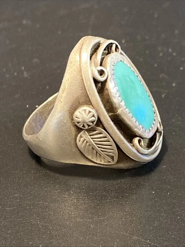 Vtg Leonard Platero Native American Turquoise 925 Silver Ring Size 10.75 22.64g