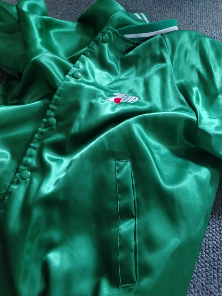 L Green Vintage 7-UP Soda hartwell Satin Bomber Jacket. Retro shiny varsity - Image 4 of 4