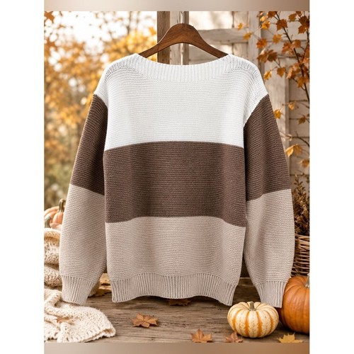 SHEIN Colorblock Knit Sweater Brown Cream White Size Medium Cozy Fall Pullover