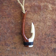 Hawaiian Design Jewelry Half Wood  Half Bone Fish Hook Choker Necklace 35002