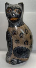 Vintage Burnished Signed Cat Pottery 14" Tonala Mexico Hand-Painted Folk Art