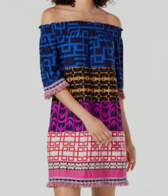 $288 Trina Turk Women's Blue Geo-Printed Off-The-Shoulder Shift Dress Size XS