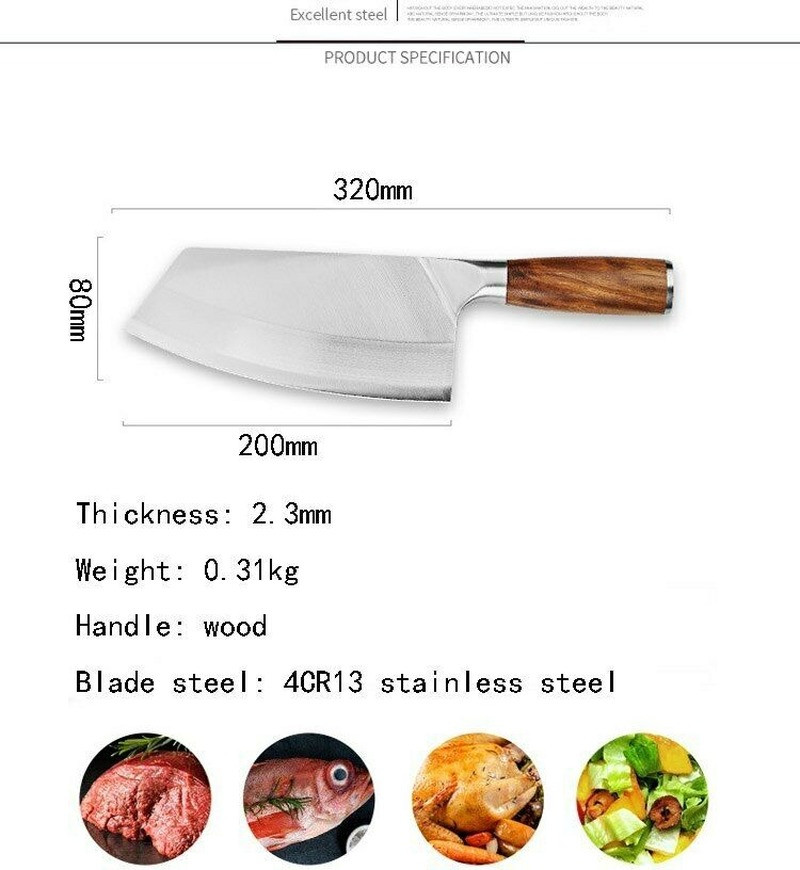 Kitchen Knife Stainless Steel Asian Chef Butcher Sharp Cleaver Chopping Meat US