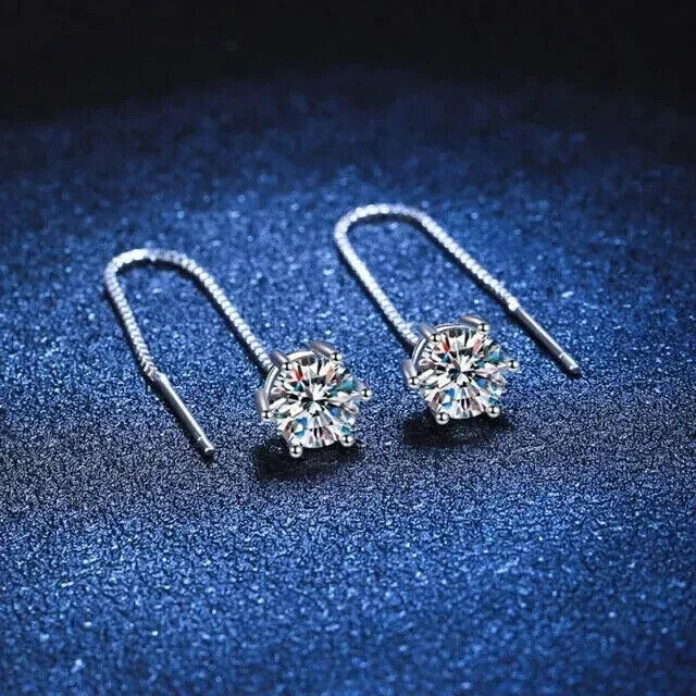 2 Ct Round Cut Lab Created Diamond Drop Thread Earrings 14K White Gold Finish