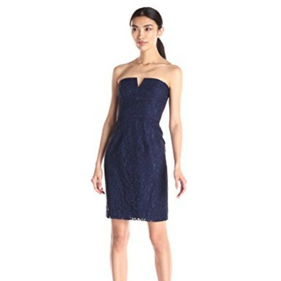 Donna Morgan Quinn 10 Dress Navy Blue Short Strapless Lace Wedding Prom  Formal | eBay