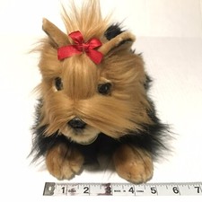 Aurora Yorkshire Terrier Miyoni Laying Puppy 11" Realistic Dog Plush Toy Red Bow