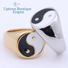 Round Yin Yang Yan Taiji Men Women's Stainless Steel Gold Silver Ring *ABD