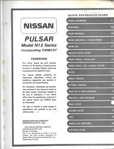 Nissan Pulsar N12 (Inc ET Model) Factory Repair Manual 1984 On MPN SM4E0N12A0 - Picture 3 of 3
