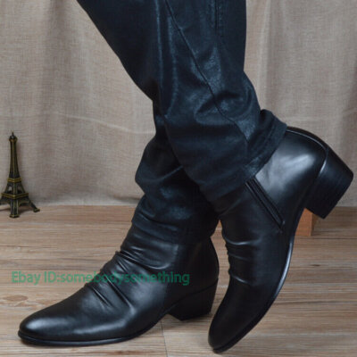Mens Pleated Leather Pointy Toe Ankle Riding Boots Zipper Cuban Heel Dress Shoes