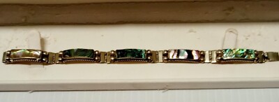 Vtg Abalone Panel 7  Bracelet Signed Mexico RLS Sterling Silver (FC 105/1 D697)