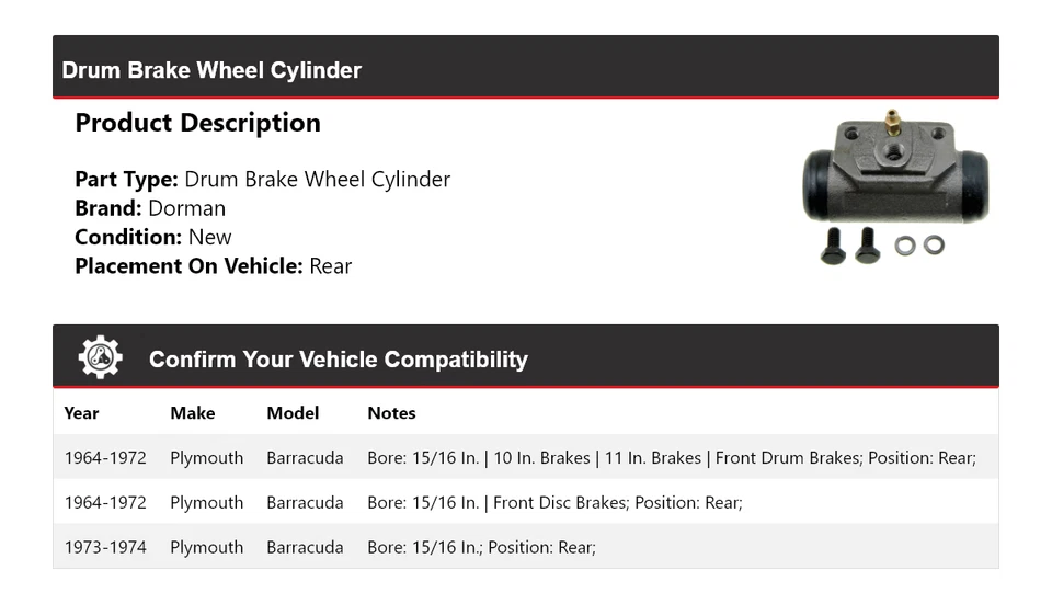Cilindro de rueda de freno de tambor trasero para Plymouth Barracuda Dorman 1964-1974 1965 1966 Foto 2 de 4