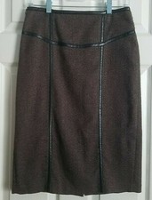Grace Elements Size 6 Brown Tweed Stretch Career Skirt Faux Leather Trim 