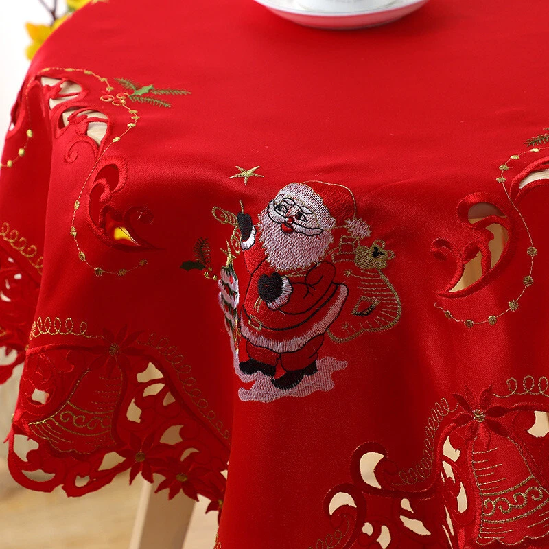 33" Vintage Embroidered Lace Christmas Tablecloth Santa Bell Round Table Topper - Image 3 of 4