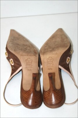 Escarpins Carmen Poveda – Toile Et Cuir Marron Clair – Talon 7 Cm – Pointure 39.5 – Occasion Excellent état