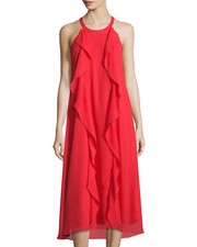 DONNA RICCO ~ Red Chiffon Ruffle Front Midi Shift Party Dress 4 NEW $138