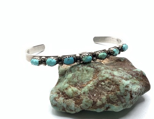 Zuni Old Pawn Sterling Silver Turquoise Petit Point Ladies 6.5” Cuff Bracelet