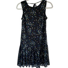 Calvin Klein Dress Black Floral Sz 2 Sleeveless Ruffle Hem Tie Back Neck Lined