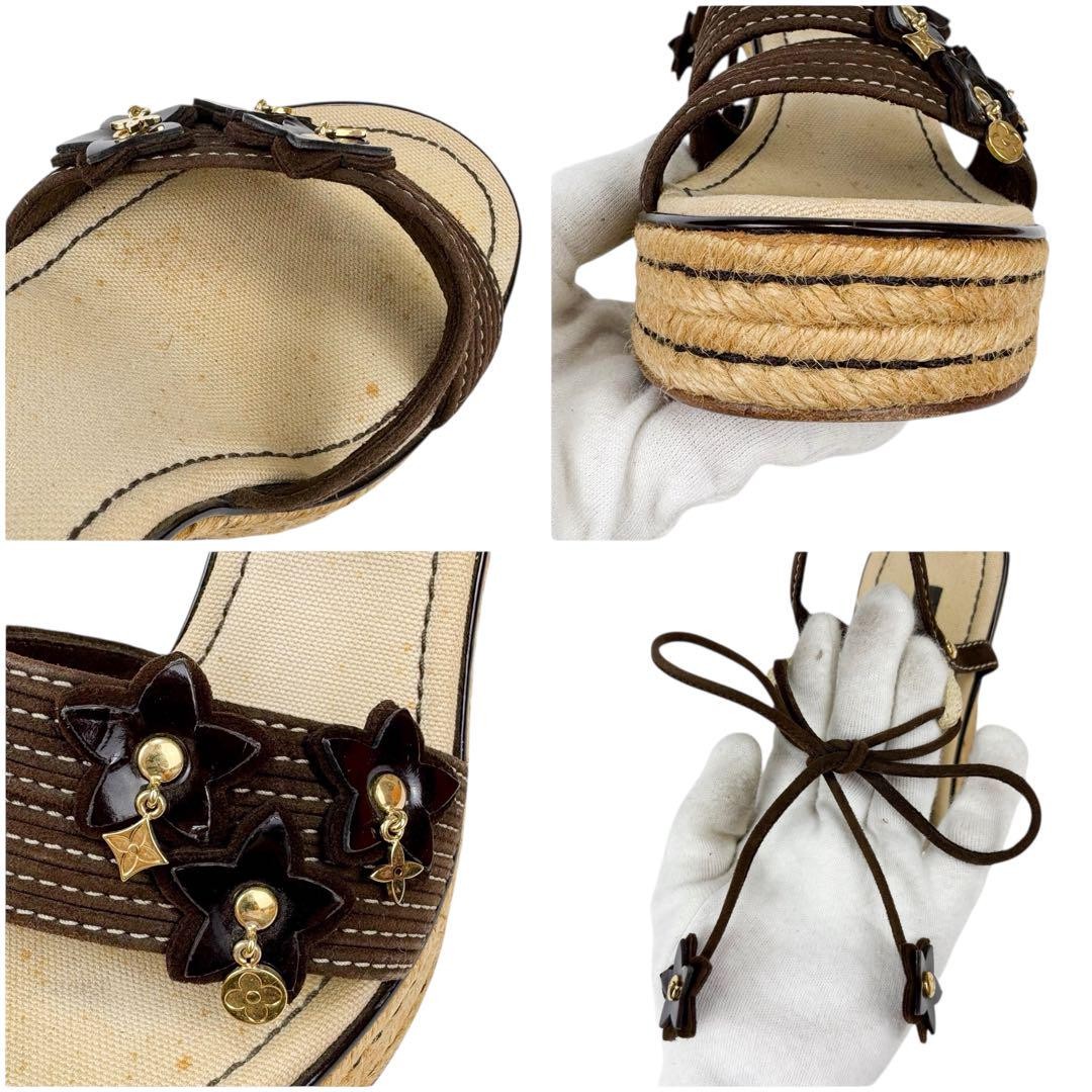 Louis Vuitton Wedge Flower Sandals Brown Leather Size 37 US About6 For Women thumbnail 9