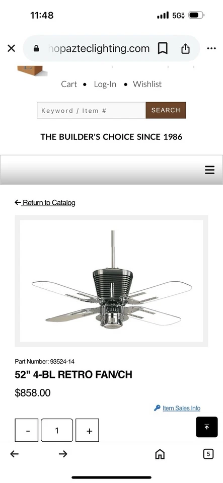 NOS Quorum Retro 52" Ceiling Fan Model 93524-14 Chrome With Acrylic Blades - Image 2 of 4