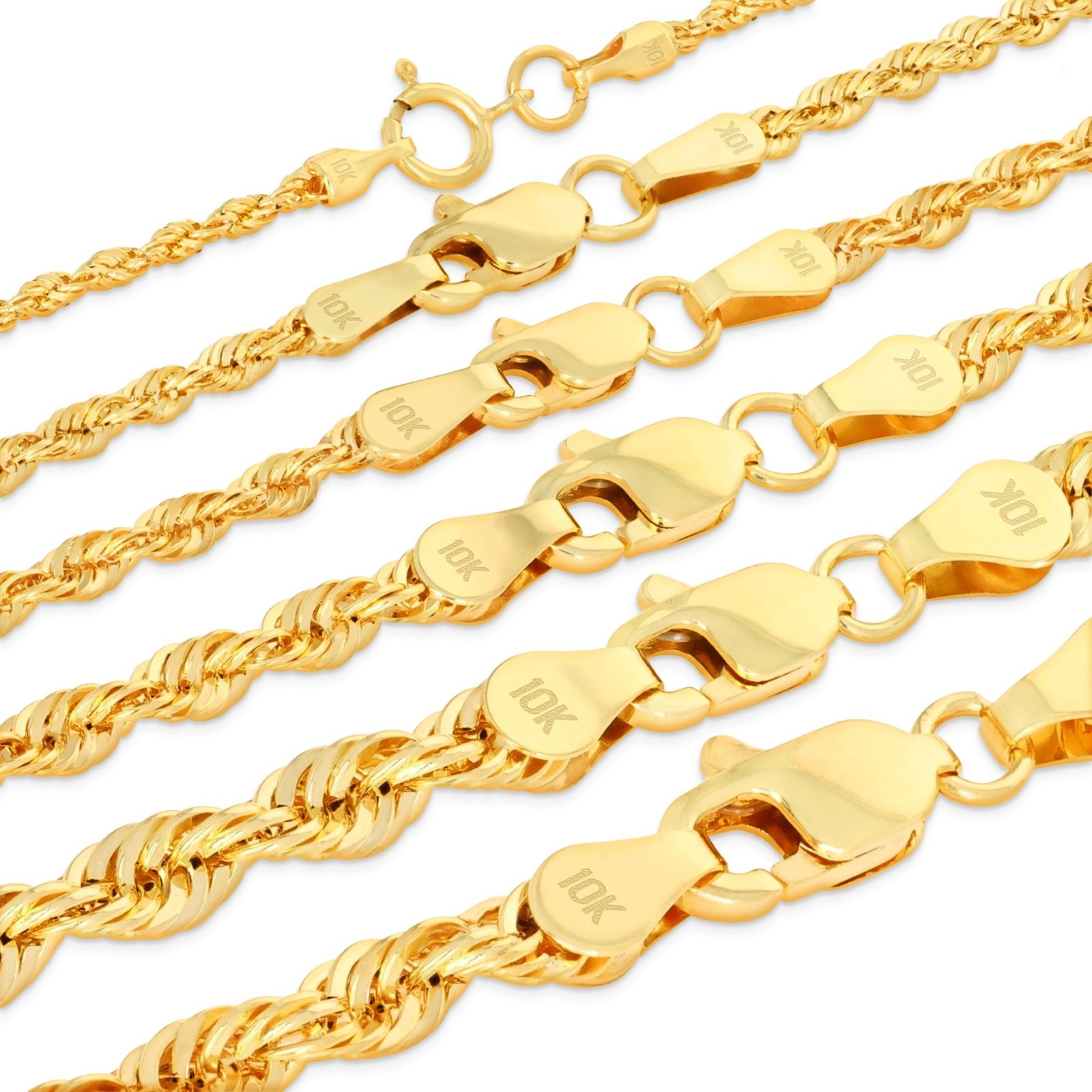 10K Yellow Gold 1.5mm-4mm Laser Diamond Cut Rope Chain Pendant Necklace 16″- 30″