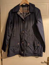 Women's Barbour Navy Blue Reversible Mac Rain Coat Classic Tartan Lining Size 14