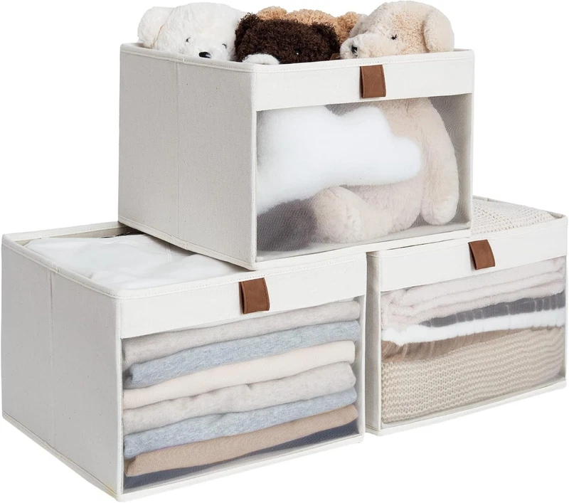 Beige Fabric Storage Bins Mesh Closet Organizer