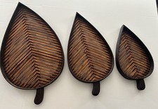 Vintage Wooden Bamboo Leaf Shaped Decorative Tray Set Of 3