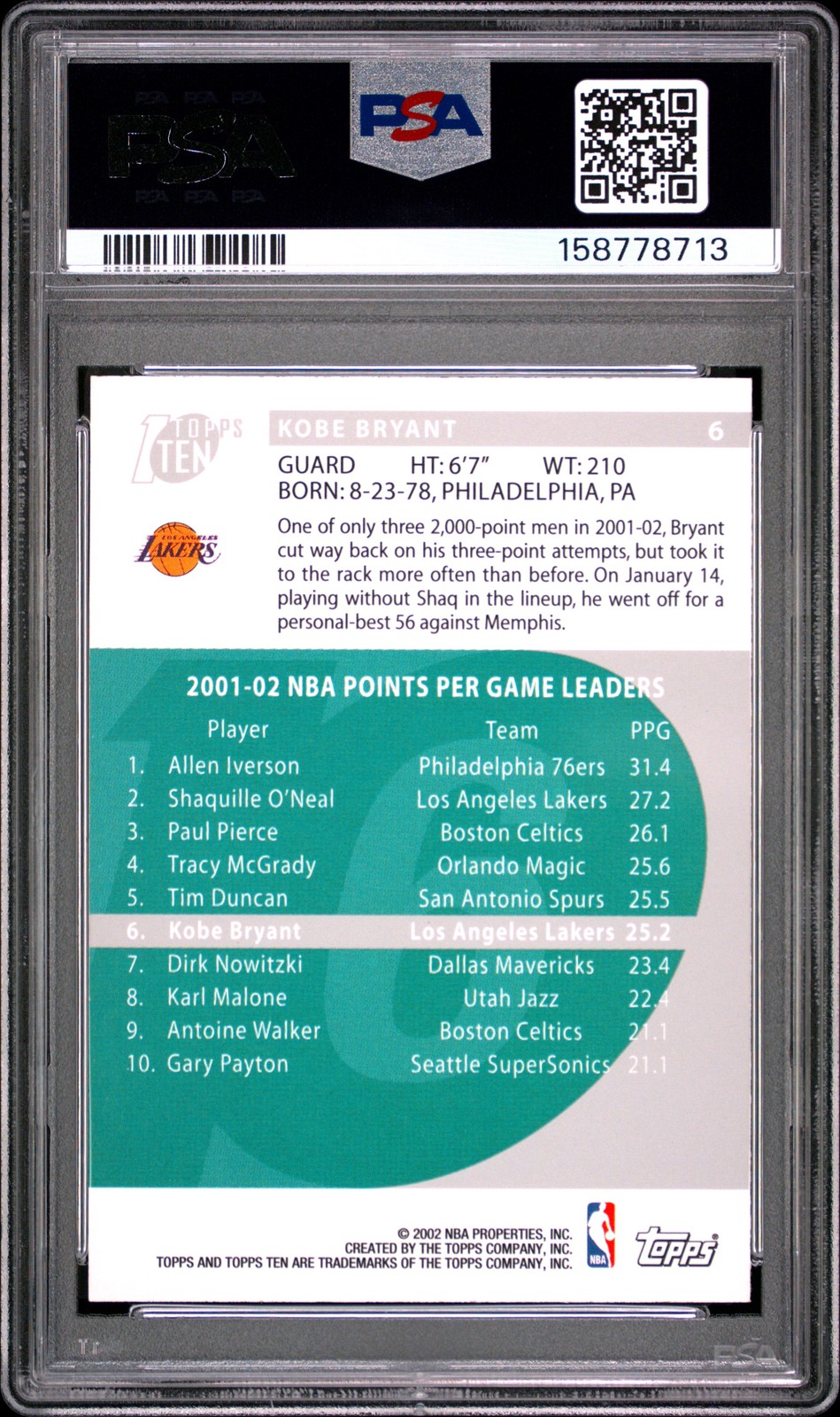 2002 TOPPS TEN #6 KOBE BRYANT PSA 10 view 2