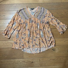 Davi & Dani Women Long Sleeve Boho Peasant Top 2XL Paisley Brown Floral Flowey