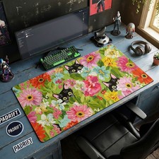 Tuxedo Cats Peeking Flowers XL Gaming Mouse Pad, Cat Art Desk Mat