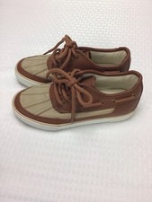 POLO Ralph Lauren USA Brown LeatherTan Canvas Deck Boat Shoes Kids Size 13.5