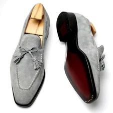 Men's Genuine Suede and Leather Moccasins, Men Grey Suede Slip On Loafer Shoes