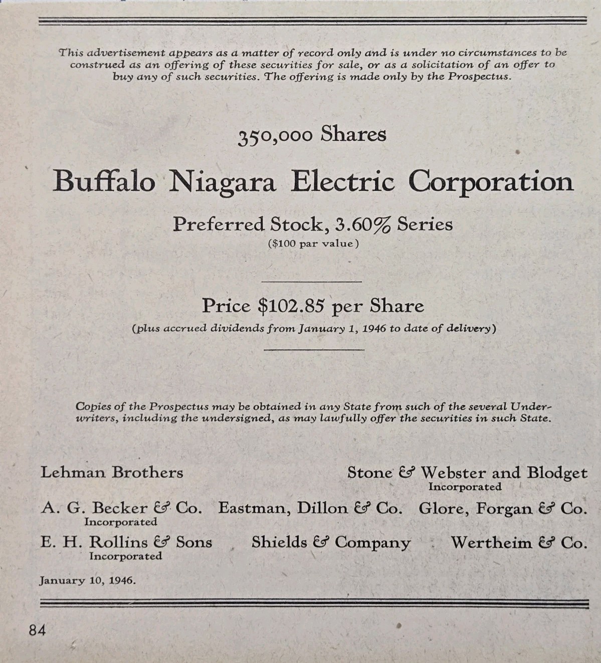 Buffalo Niagara Electric Corp Securities Offering 350,000 Shares Print Ad 1946
