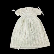 Vintage Infant Baby Dress Hand Crochet Knit White Ribbon Detail