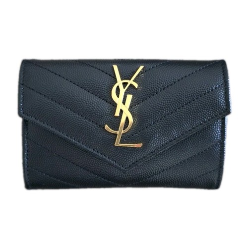 Saint Laurent YSL Monogram Envelope Compact Wallet Black Leather Gold Hardware