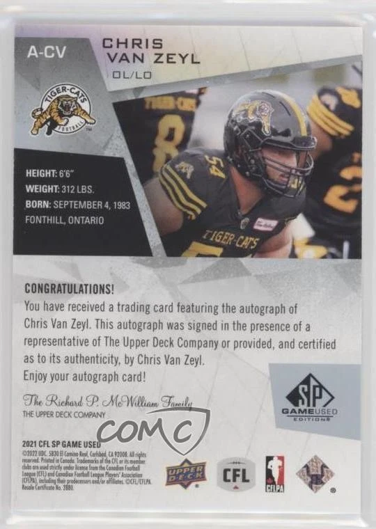 2021 SP Game Used Edition CFL Auto Chris Van Zeyl #A-CV - Image 2 of 3