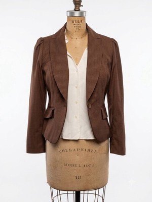 Vintage Y2K Apostrophe Brown Fitted Cropped Blazer Academia Pinstripe Sz 4P