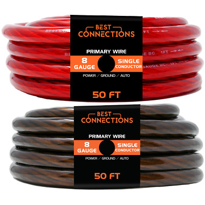 BEST CONNECTIONS 8 Ga 50 ft. Black/Red Translucent Car Power & Ground Wire 100ft