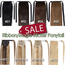 THICK Tie Up Ponytail Human Remy Hair Extensions Ribbon Wrap Around Hairpiece US